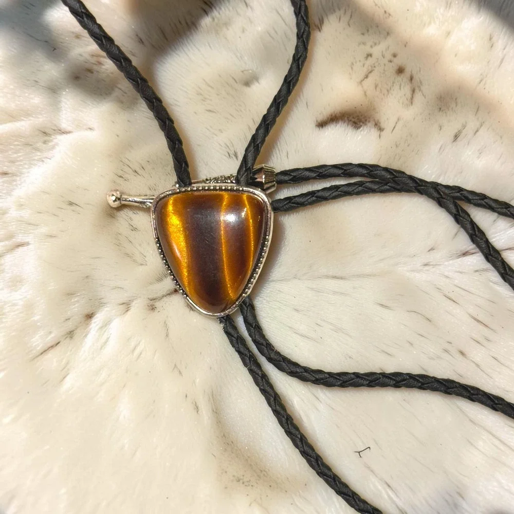 New Tiger's Eye Triangle Stone Braided Black Cord Bolo Tie Western Festival